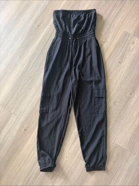Strapless Black Cargo Jumpsuit with Elastic Waist